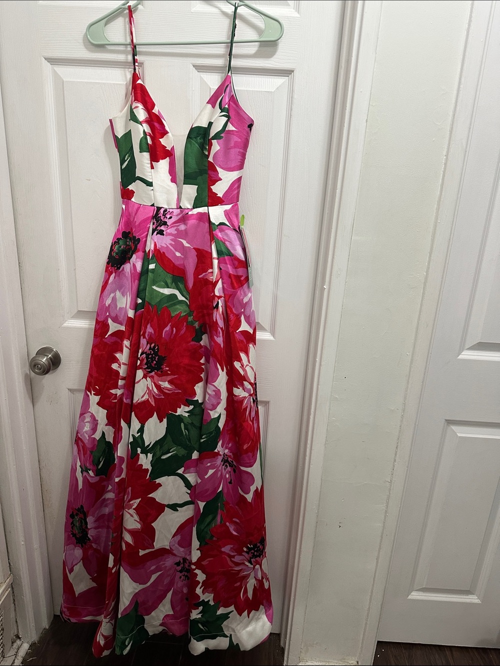B. Smart Floral Plunge Formal Maxi Dress in Red, Pink & Green